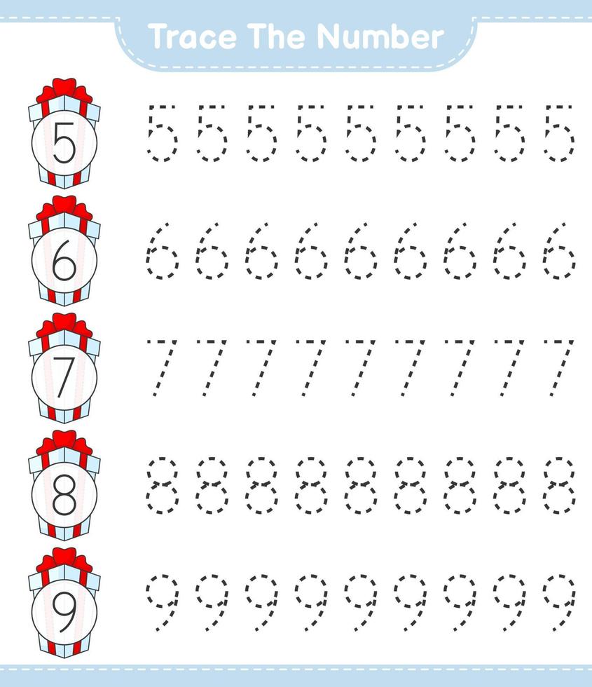 Trace the number. Tracing number with Gift Box. Educational children game, printable worksheet, vector illustration