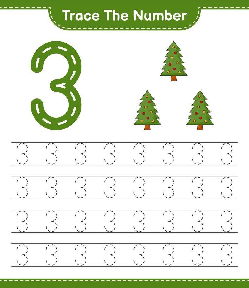 Trace the number. Tracing number with Christmas Tree. Educational children game, printable worksheet, vector illustration