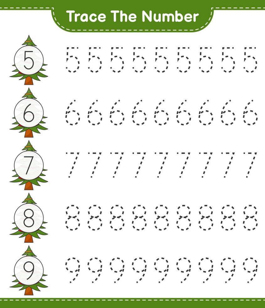 Trace the number. Tracing number with Christmas Tree. Educational children game, printable worksheet, vector illustration