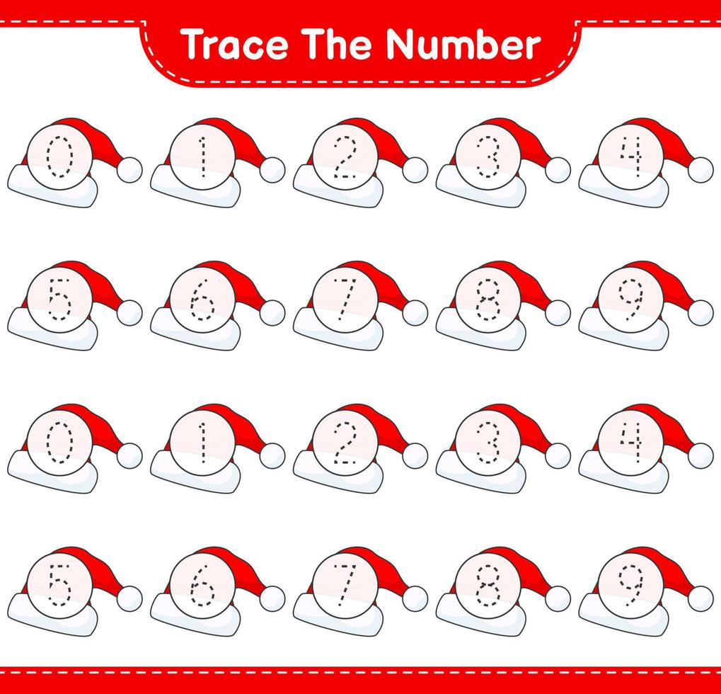 Trace the number. Tracing number with Santa Hat. Educational children game, printable worksheet, vector illustration