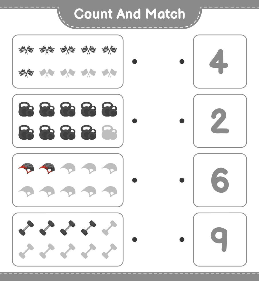 Count and match, count the number of Dumbbell, Racing Flags, Bicycle Helmet and match with the right numbers. Educational children game, printable worksheet, vector illustration