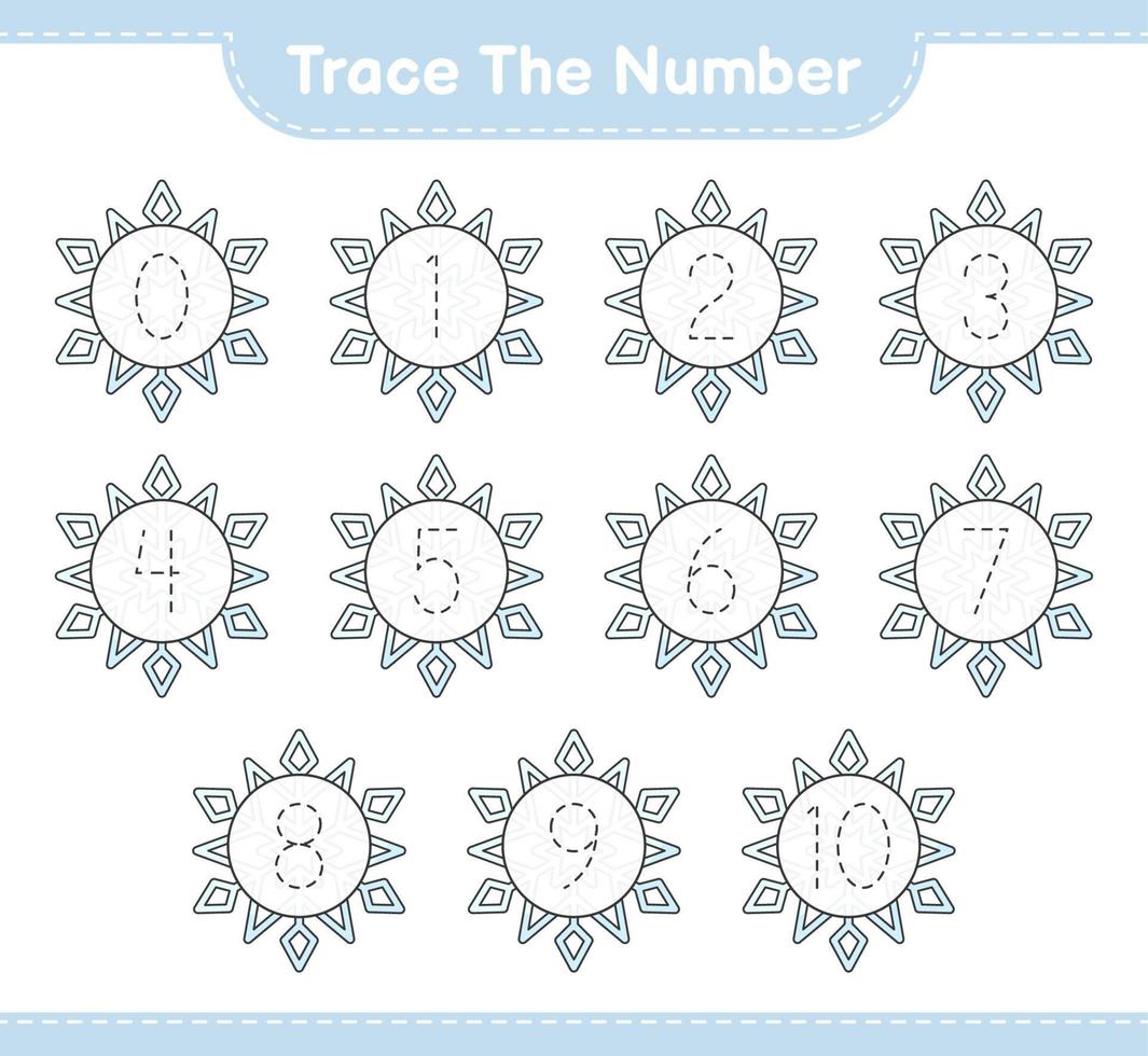Trace the number. Tracing number with Snowflake. Educational children game, printable worksheet, vector illustration