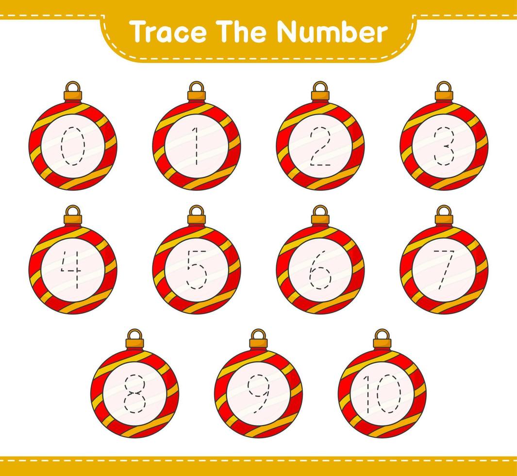 Trace the number. Tracing number with Christmas Ball. Educational children game, printable worksheet, vector illustration