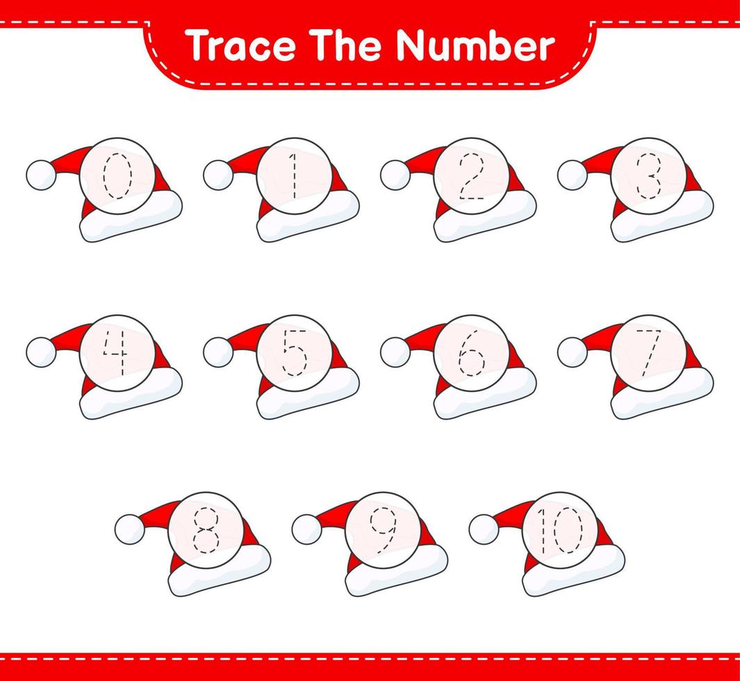 Trace the number. Tracing number with Santa Hat. Educational children game, printable worksheet, vector illustration