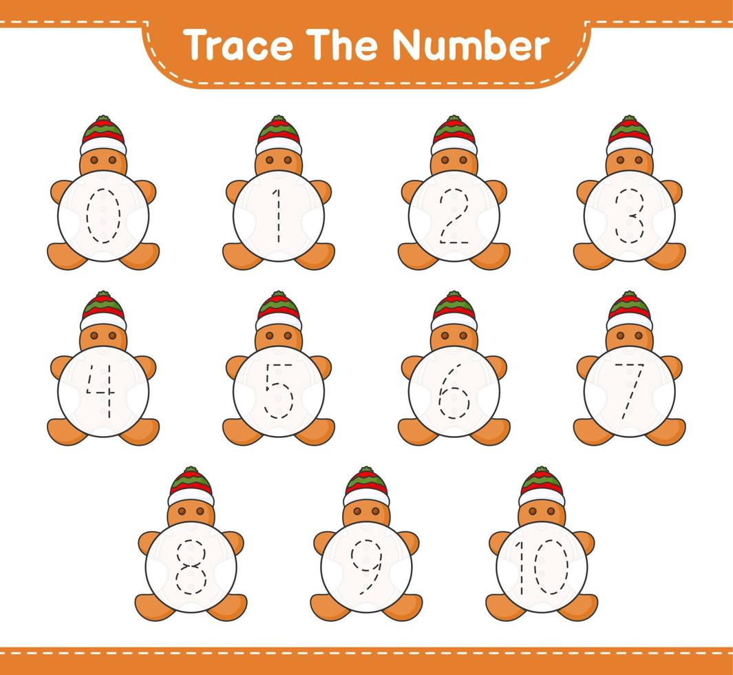 Trace the number. Tracing number with Gingerbread Man. Educational children game, printable worksheet, vector illustration