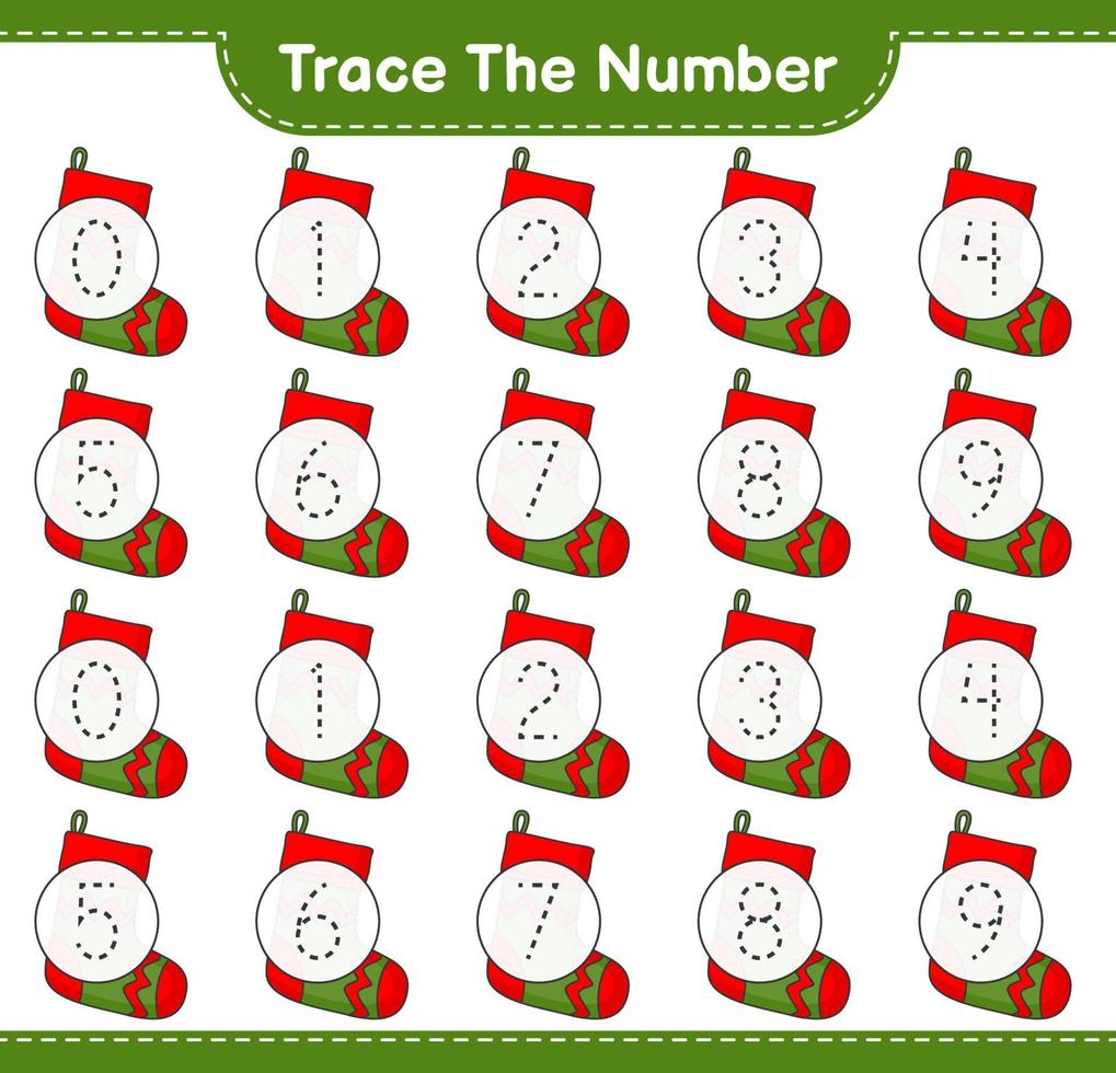 Trace the number. Tracing number with Christmas Sock. Educational children game, printable worksheet, vector illustration
