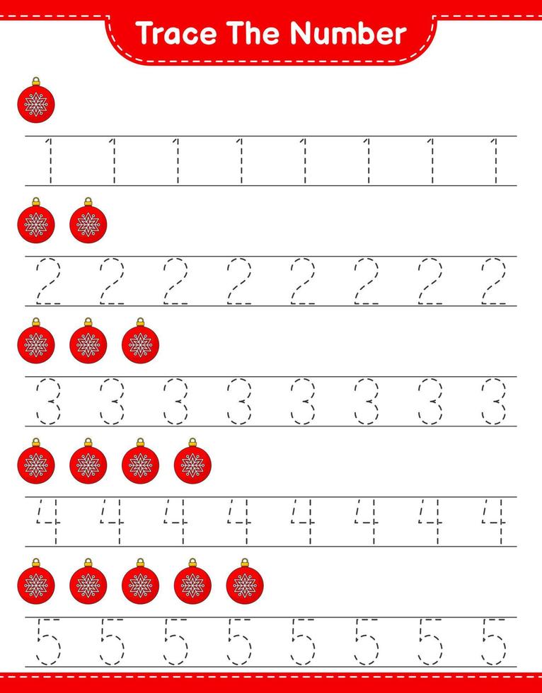 Trace the number. Tracing number with Christmas Ball. Educational children game, printable worksheet, vector illustration