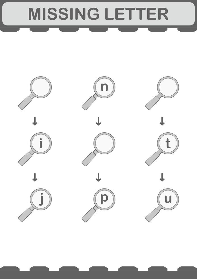 Missing letter with Magnifying Glass. Worksheet for kids vector