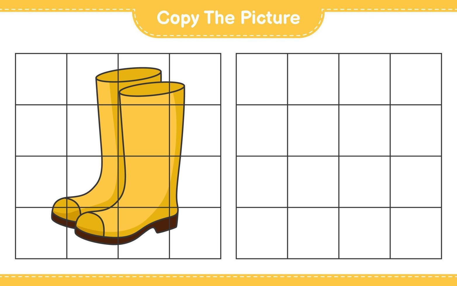 Copy the picture, copy the picture of Rubber Boots using grid lines. Educational children game, printable worksheet, vector illustration