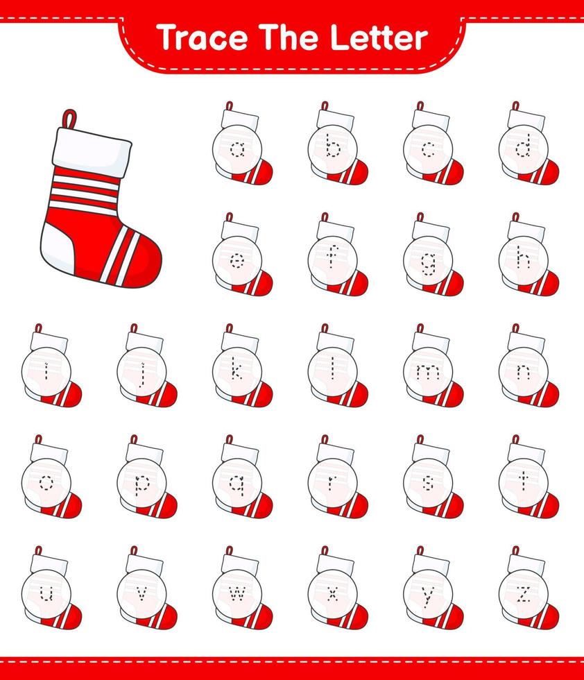 Trace the letter. Tracing letter alphabet with Christmas Sock. Educational children game, printable worksheet, vector illustration