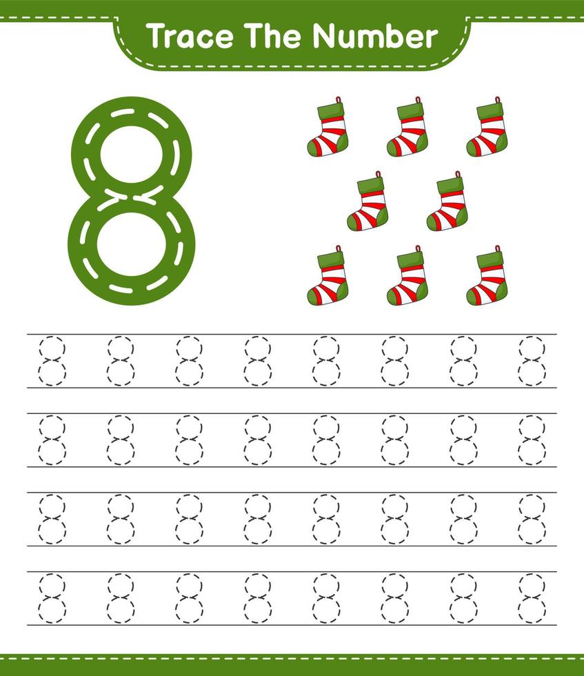 Trace the number. Tracing number with Christmas Sock. Educational children game, printable worksheet, vector illustration
