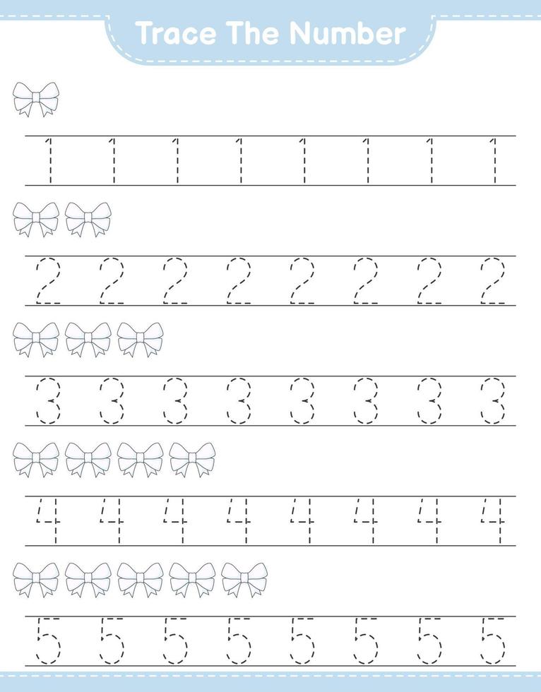 Trace the number. Tracing number with Ribbon. Educational children game, printable worksheet, vector illustration