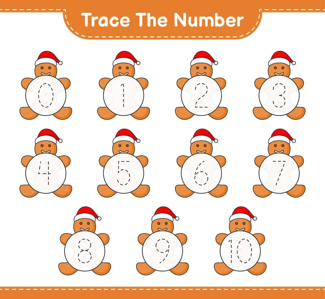 Trace the number. Tracing number with Gingerbread Man. Educational children game, printable worksheet, vector illustration