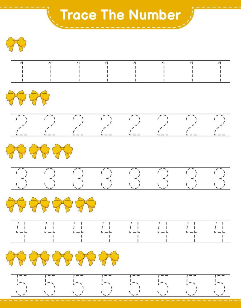 Trace the number. Tracing number with Ribbon. Educational children game, printable worksheet, vector illustration