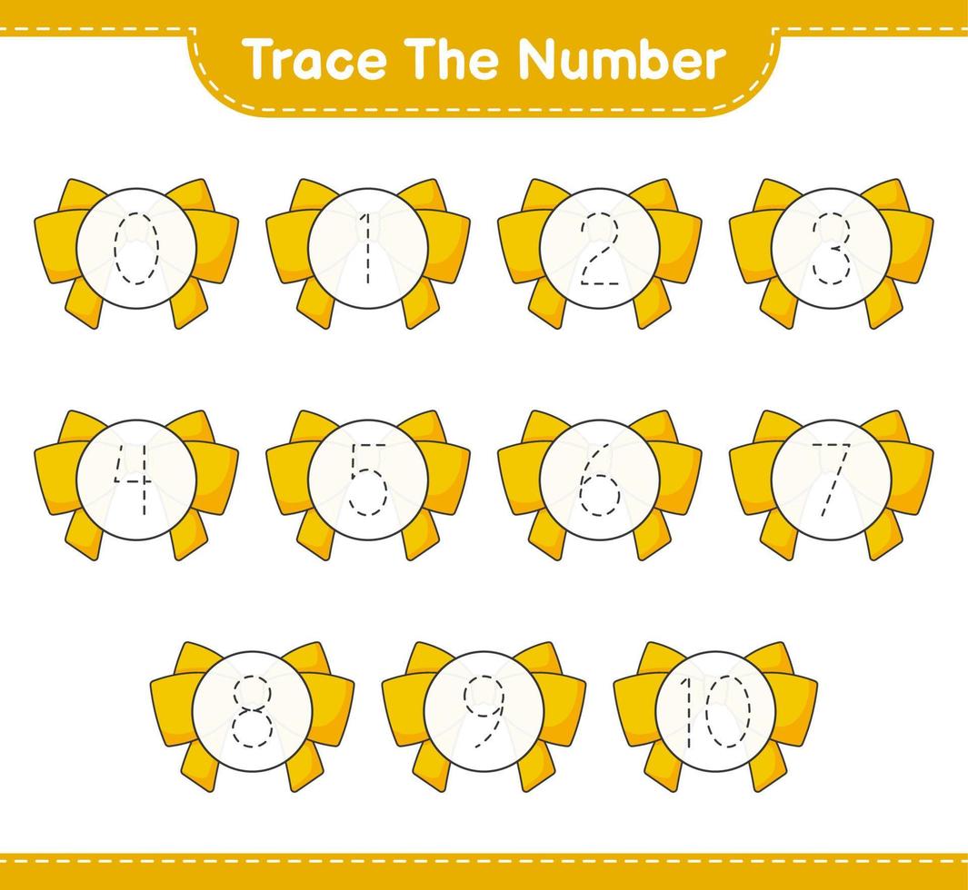 Trace the number. Tracing number with Ribbon. Educational children game, printable worksheet, vector illustration