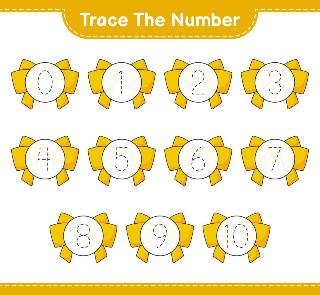 Trace the number. Tracing number with Ribbon. Educational children game, printable worksheet, vector illustration