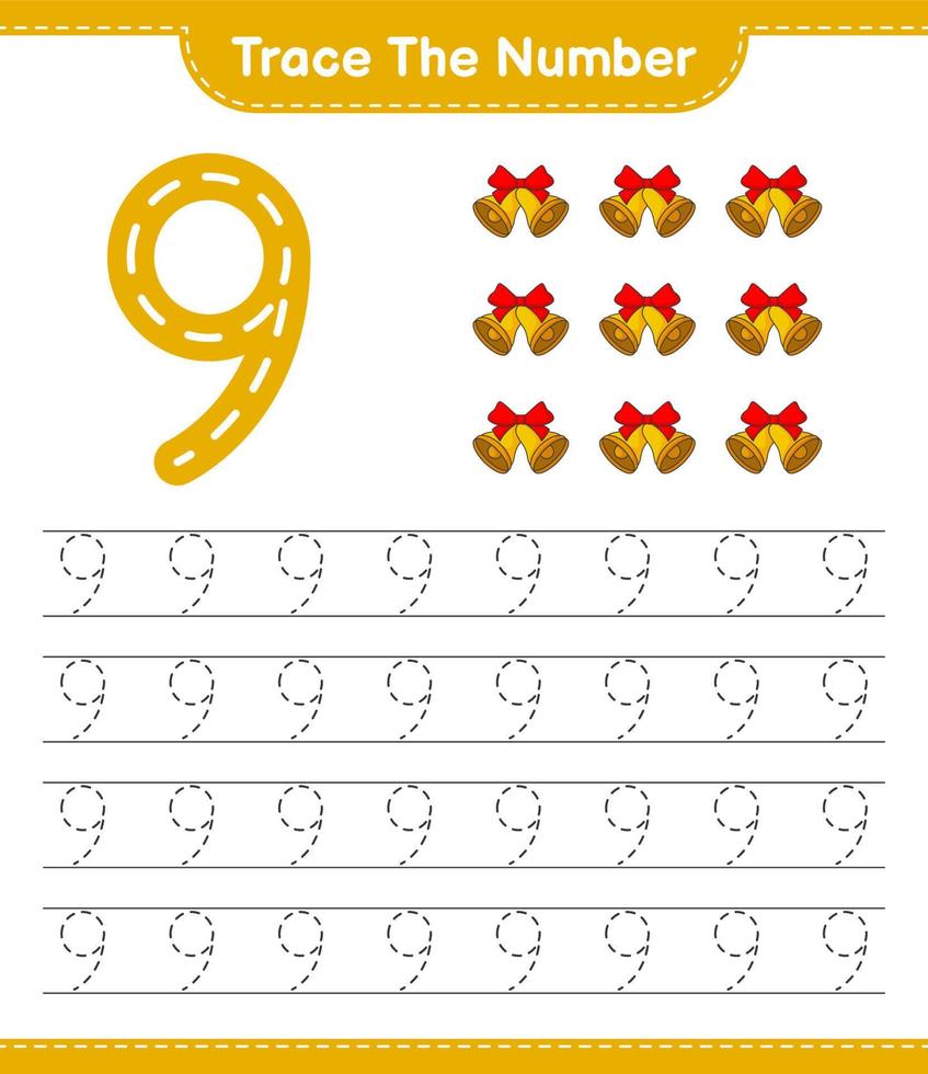 Trace the number. Tracing number with Christmas Bell. Educational children game, printable worksheet, vector illustration