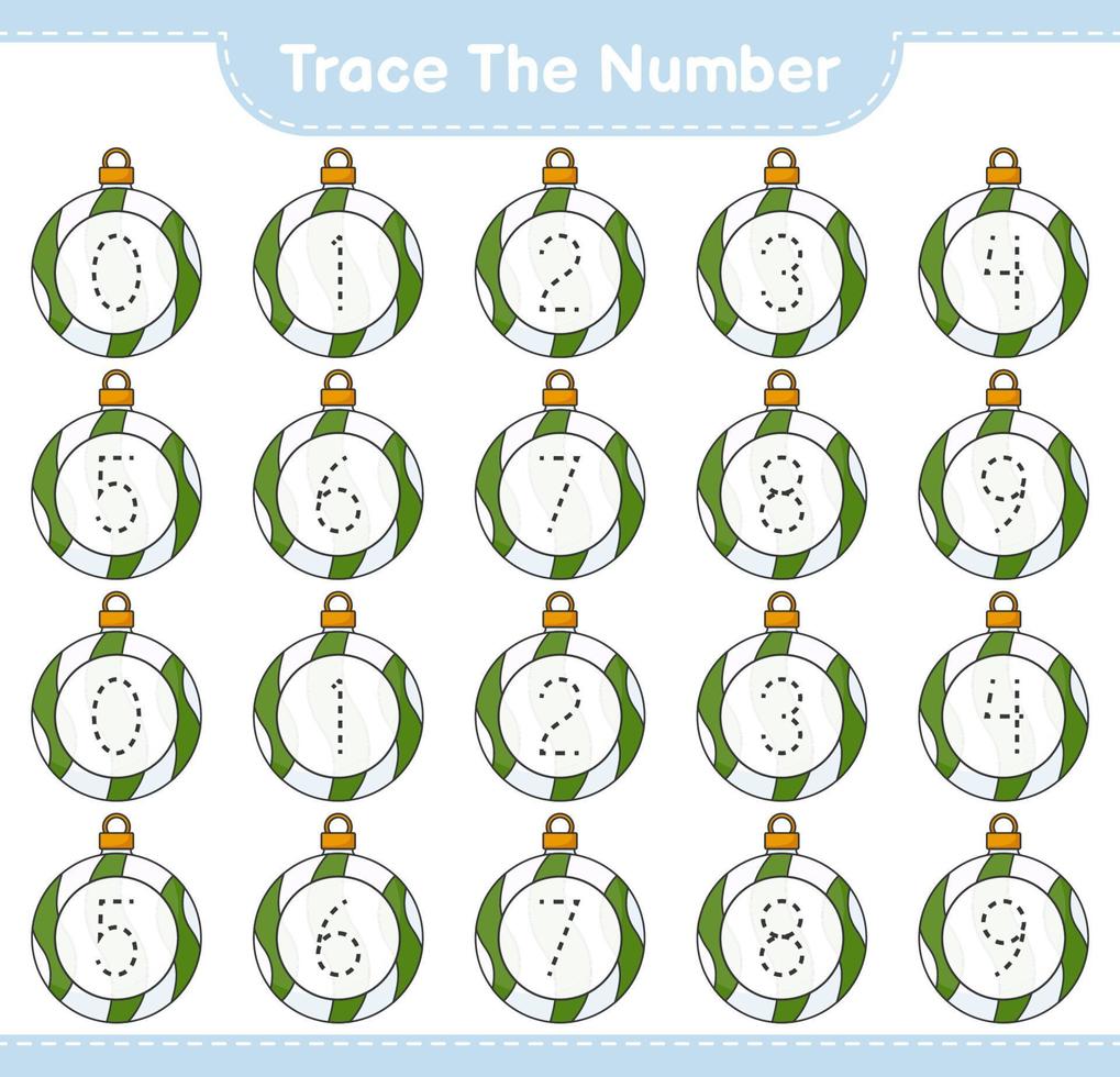 Trace the number. Tracing number with Christmas Ball. Educational children game, printable worksheet, vector illustration