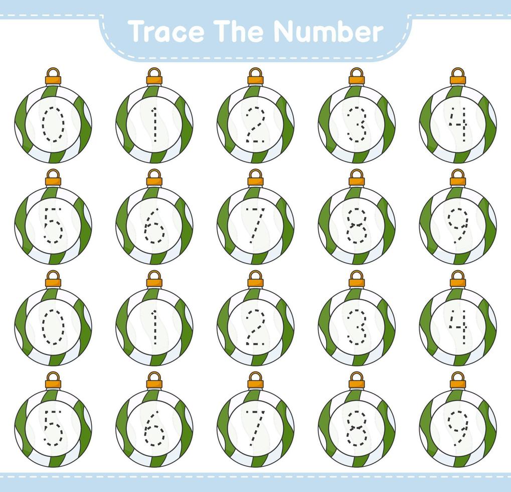 Trace the number. Tracing number with Christmas Ball. Educational children game, printable worksheet, vector illustration