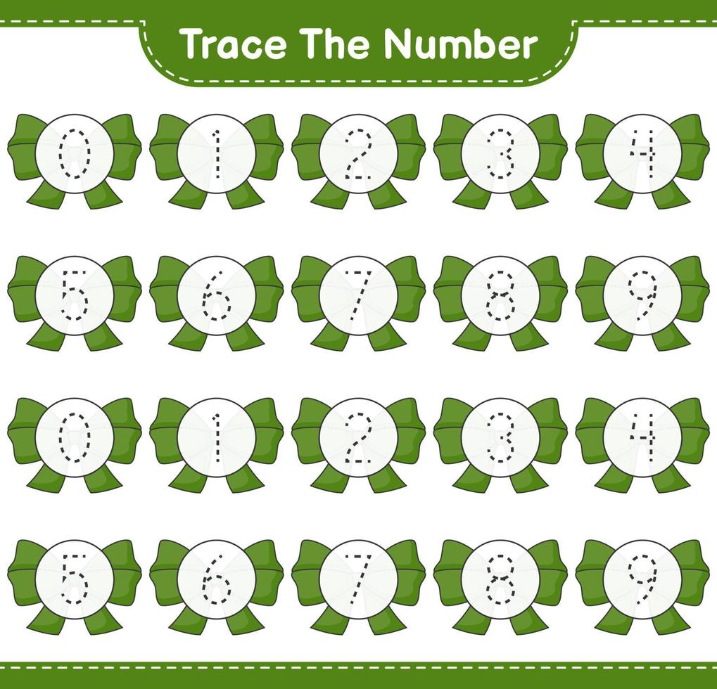 Trace the number. Tracing number with Ribbon. Educational children game, printable worksheet, vector illustration