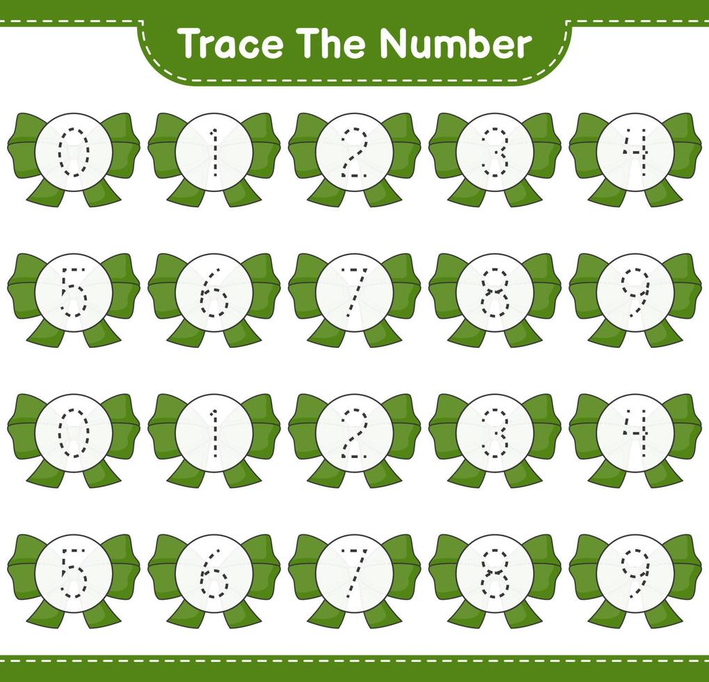 Trace the number. Tracing number with Ribbon. Educational children game, printable worksheet, vector illustration