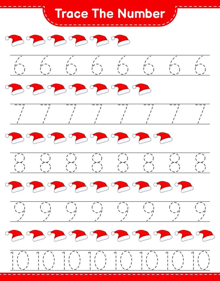 Trace the number. Tracing number with Santa Hat. Educational children game, printable worksheet, vector illustration