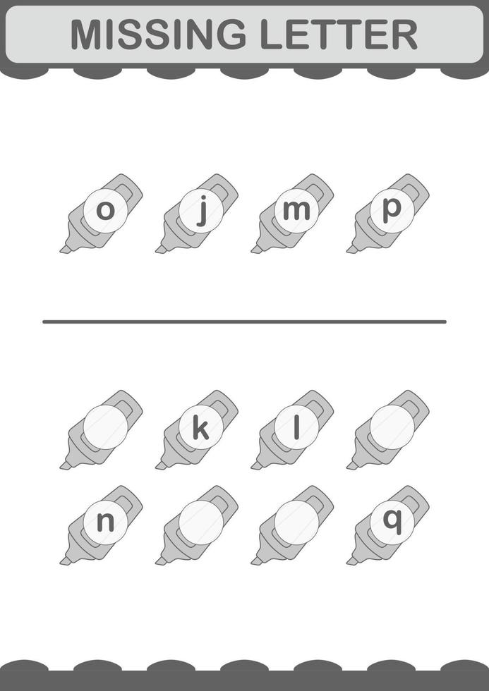 Missing letter with Marker. Worksheet for kids vector