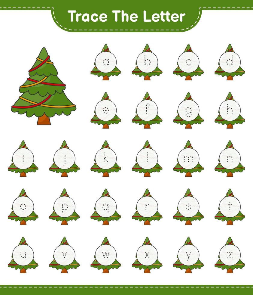 Trace the letter. Tracing letter alphabet with Christmas Tree. Educational children game, printable worksheet, vector illustration