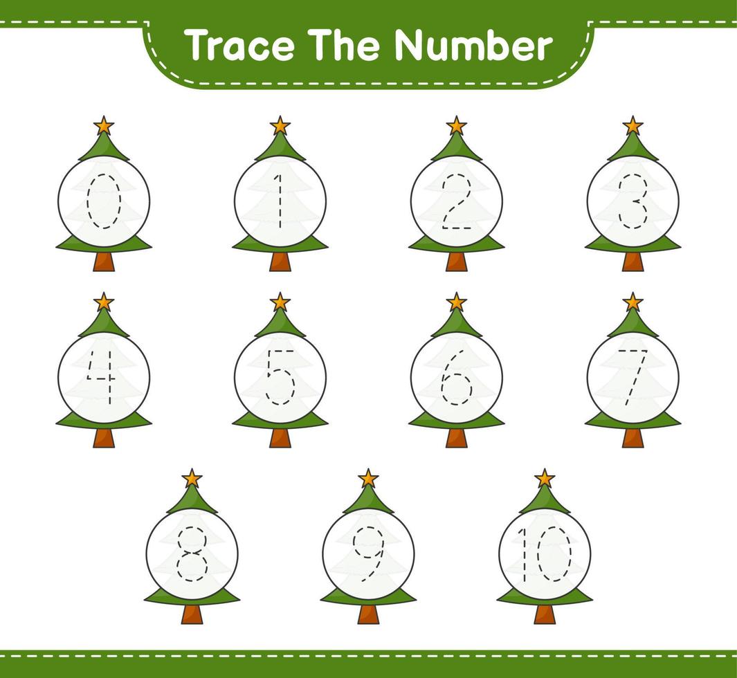Trace the number. Tracing number with Christmas Tree. Educational children game, printable worksheet, vector illustration