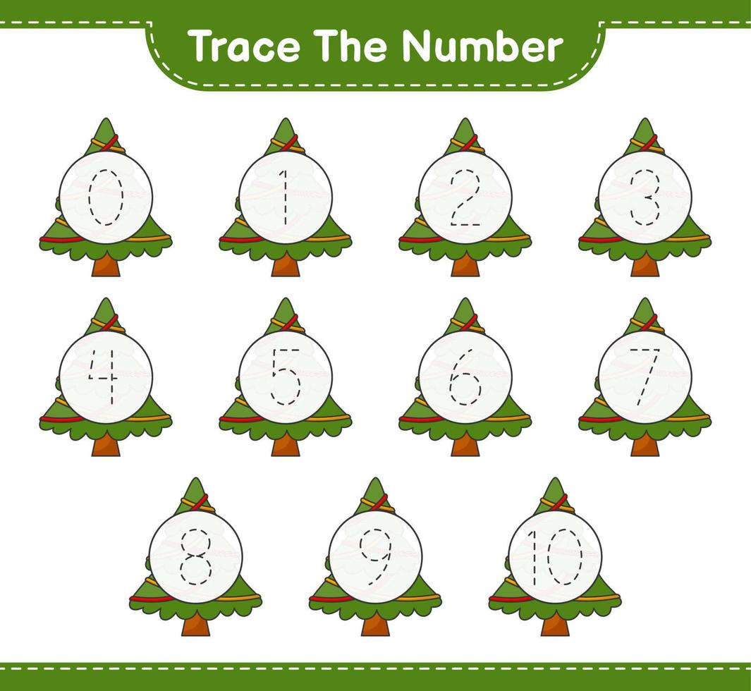 Trace the number. Tracing number with Christmas Tree. Educational children game, printable worksheet, vector illustration