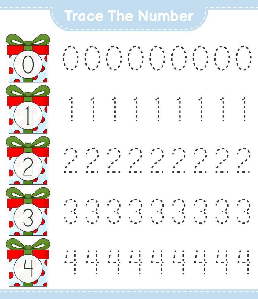 Trace the number. Tracing number with Gift Box. Educational children game, printable worksheet, vector illustration