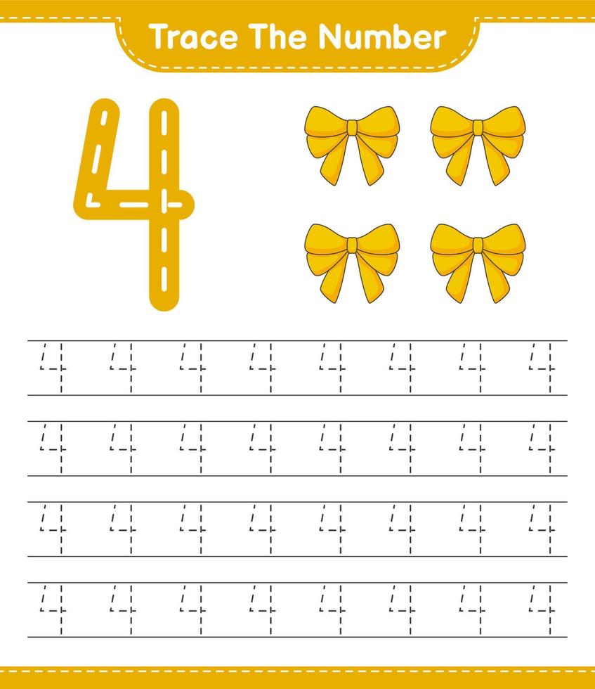 Trace the number. Tracing number with Ribbon. Educational children game, printable worksheet, vector illustration