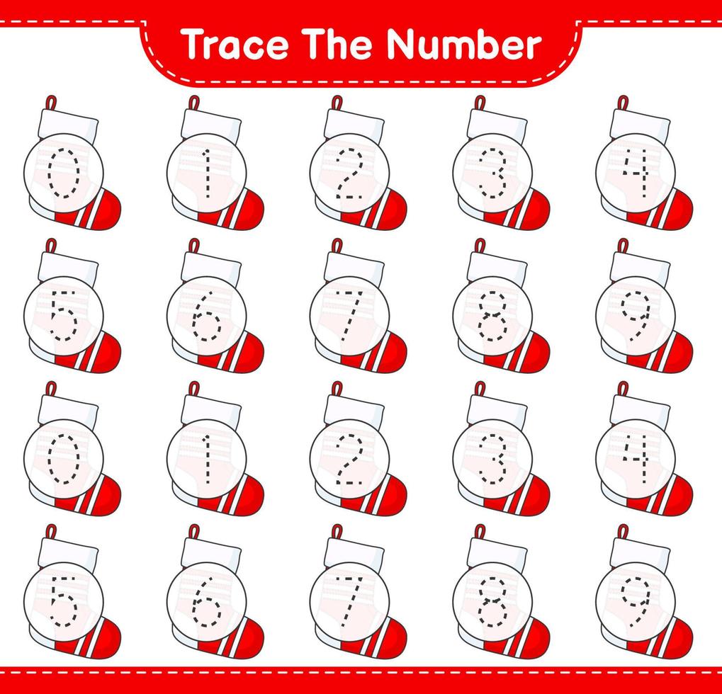 Trace the number. Tracing number with Christmas Sock. Educational children game, printable worksheet, vector illustration