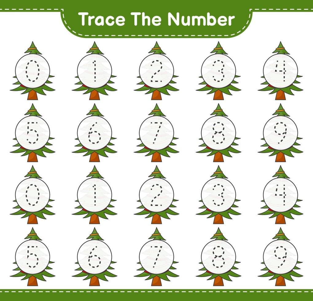 Trace the number. Tracing number with Christmas Tree. Educational children game, printable worksheet, vector illustration