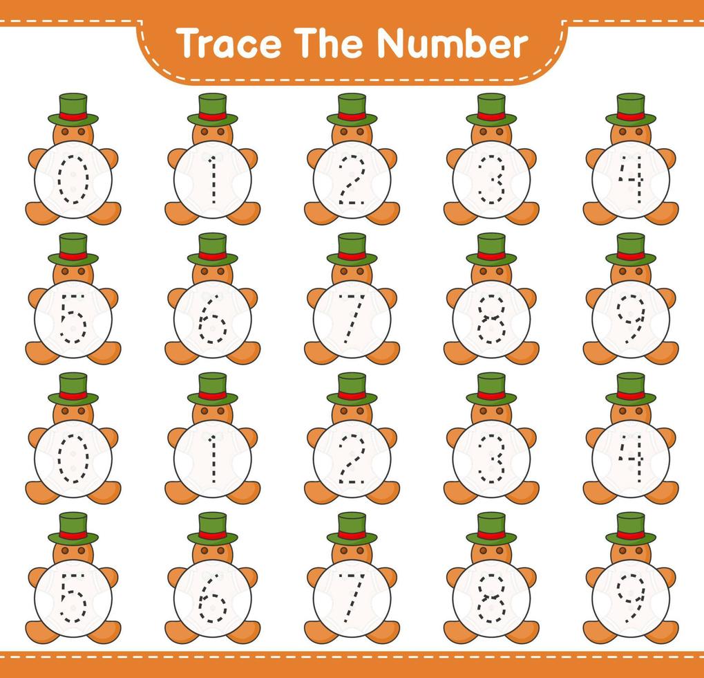 Trace the number. Tracing number with Gingerbread Man. Educational children game, printable worksheet, vector illustration