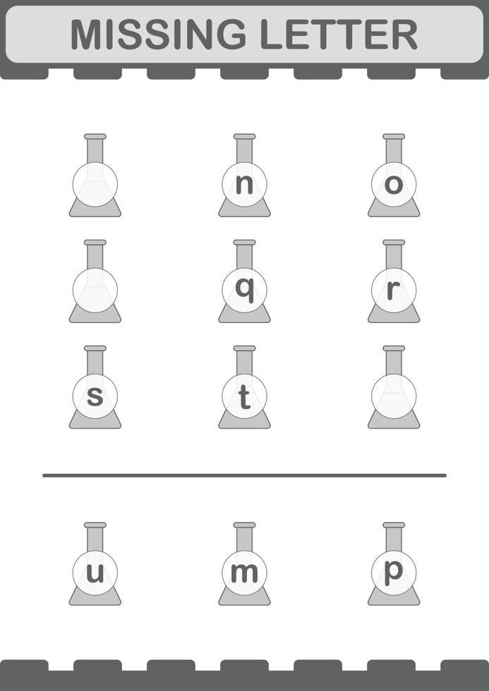 Missing letter with Erlenmeyer Flask. Worksheet for kids vector