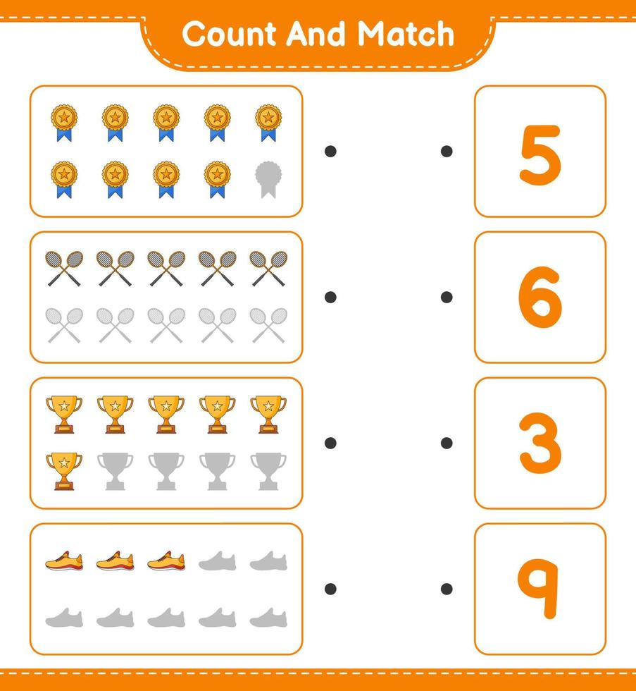 Count and match, count the number of Trophy, Running Shoes, Badminton Rackets and match with the right numbers. Educational children game, printable worksheet, vector illustration
