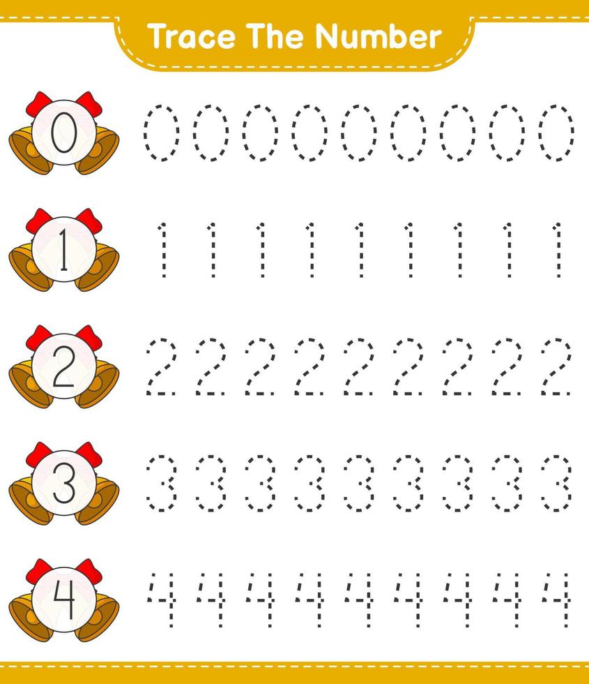 Trace the number. Tracing number with Christmas Bell. Educational children game, printable worksheet, vector illustration