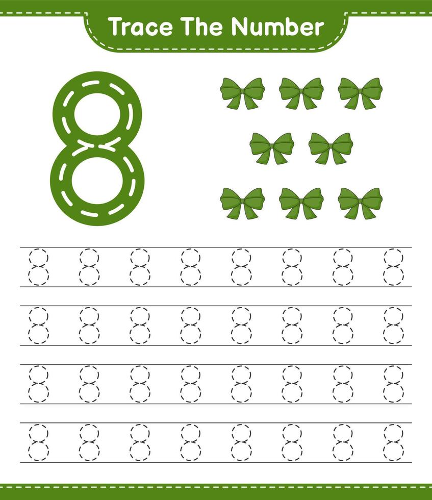 Trace the number. Tracing number with Ribbon. Educational children game, printable worksheet, vector illustration