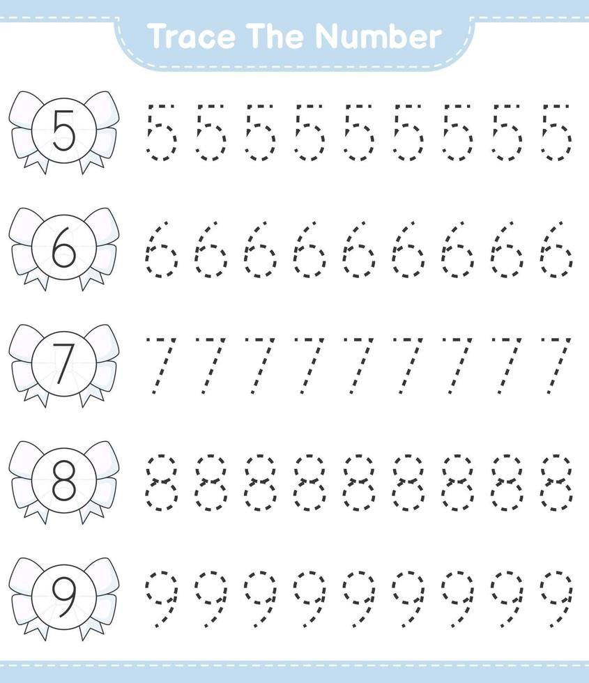 Trace the number. Tracing number with Ribbon. Educational children game, printable worksheet, vector illustration