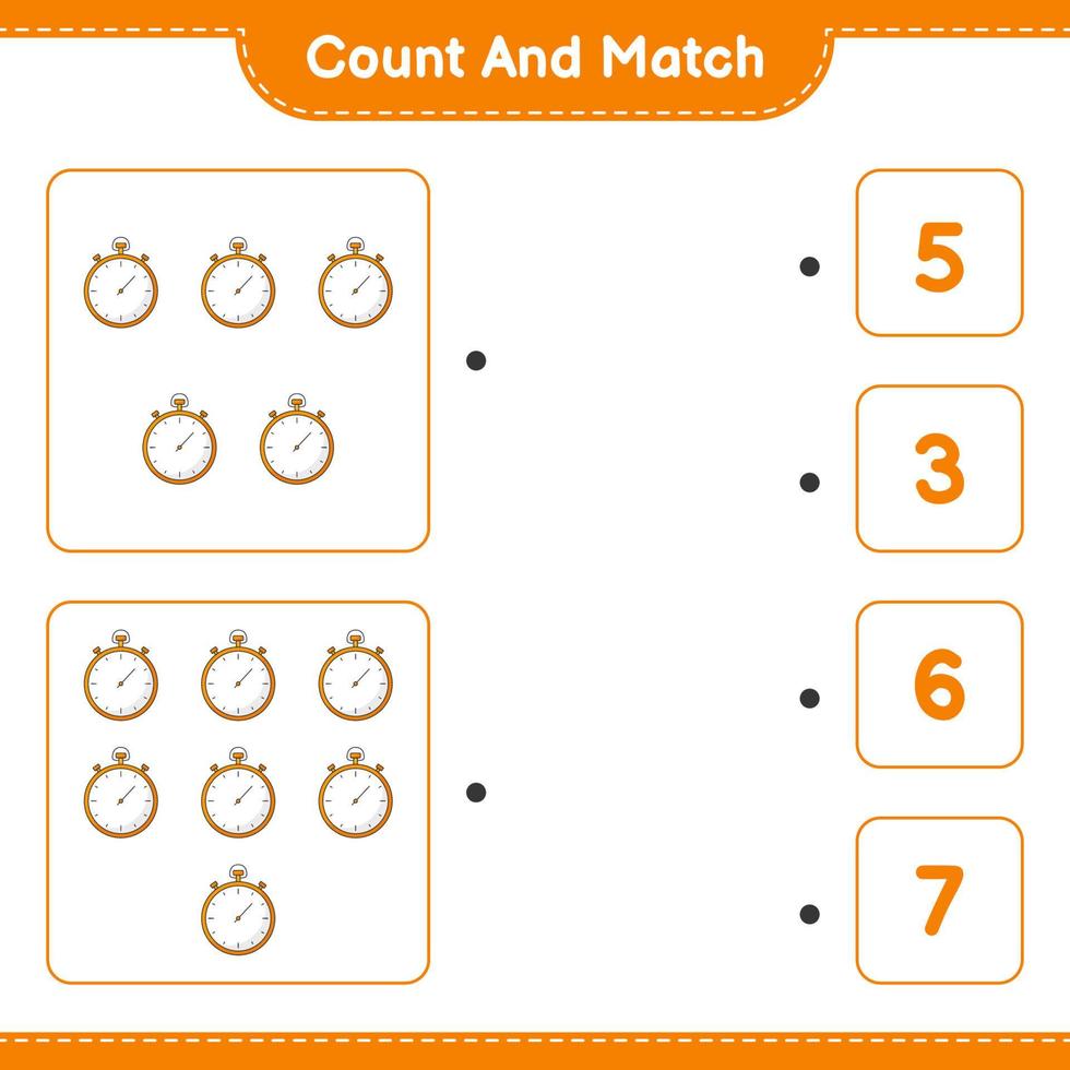 Count and match, count the number of Stopwatch and match with the right numbers. Educational children game, printable worksheet, vector illustration