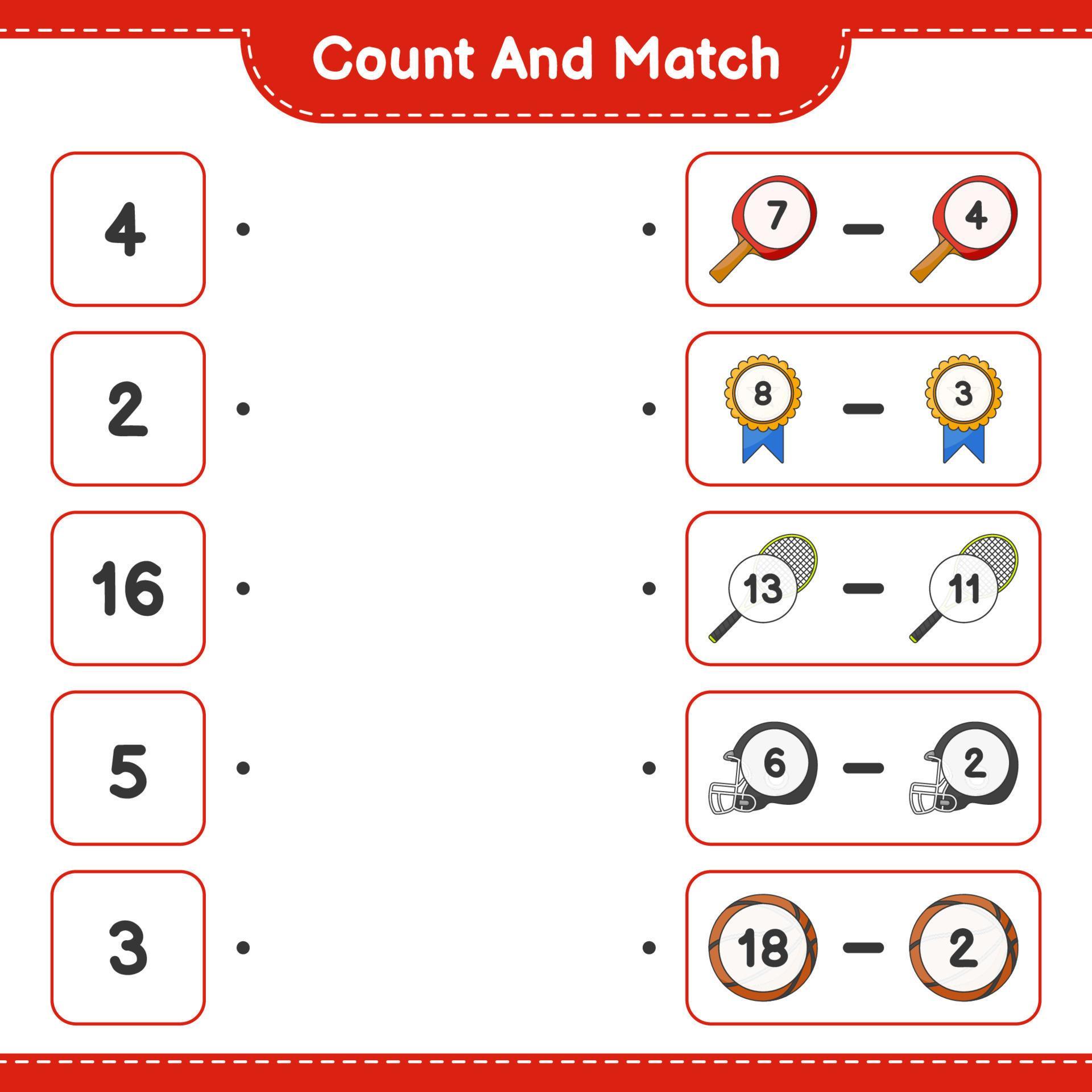 Count and match, count the number of Racket, Basketball, Trophy, Helmet