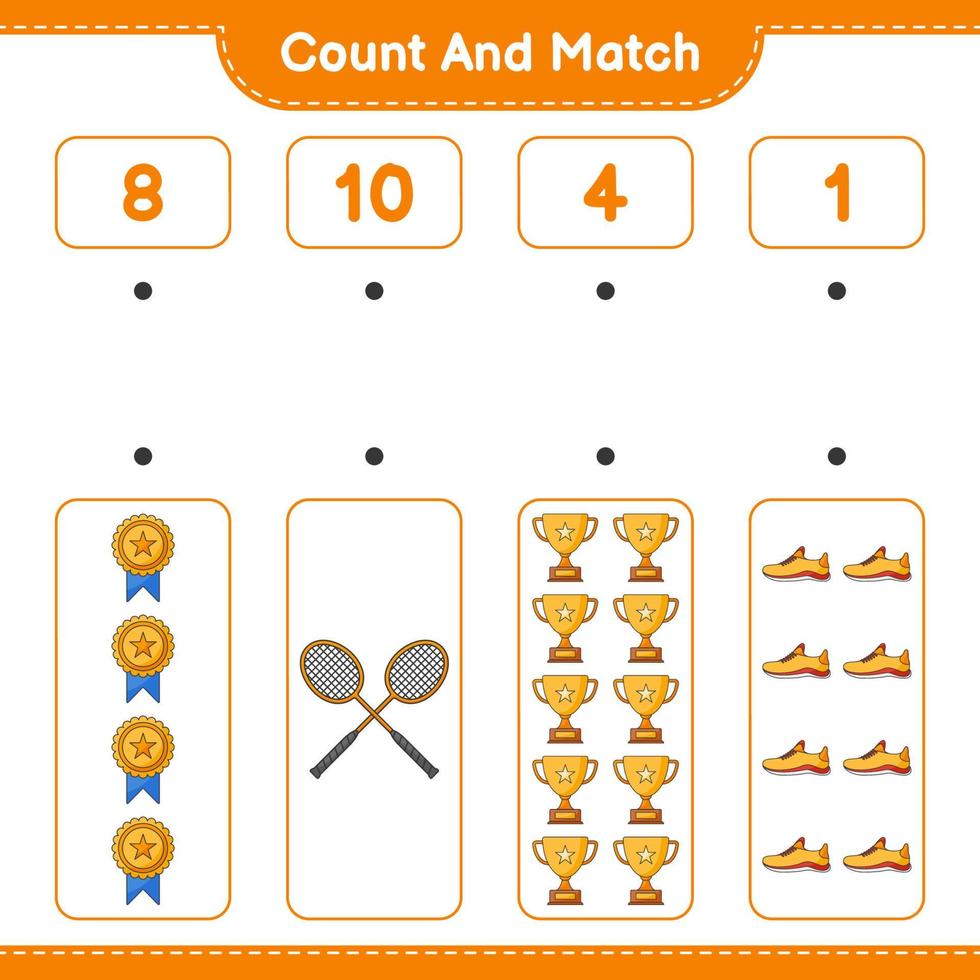 Count and match, count the number of Trophy, Running Shoes, Badminton Rackets and match with the right numbers. Educational children game, printable worksheet, vector illustration