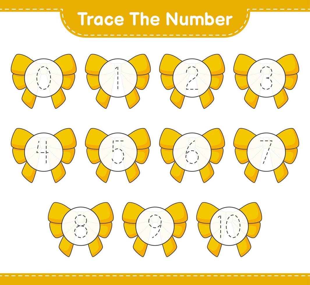 Trace the number. Tracing number with Ribbon. Educational children game, printable worksheet, vector illustration