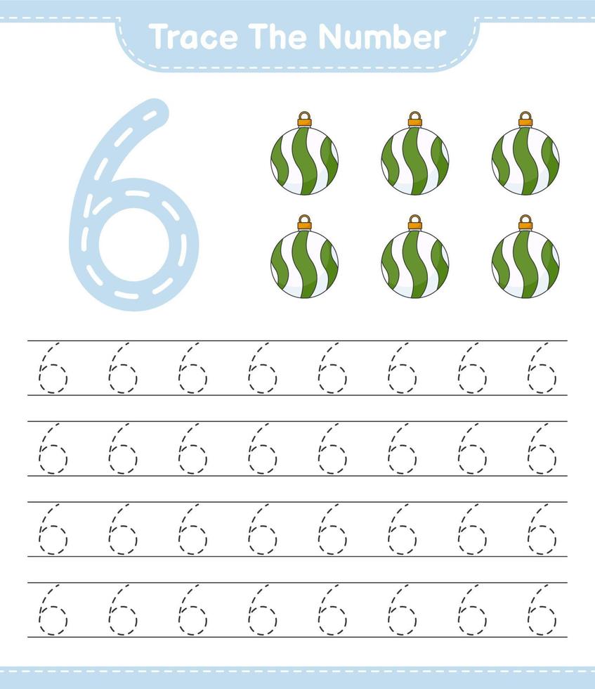 Trace the number. Tracing number with Christmas Ball. Educational children game, printable worksheet, vector illustration