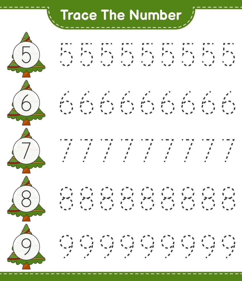 Trace the number. Tracing number with Christmas Tree. Educational children game, printable worksheet, vector illustration