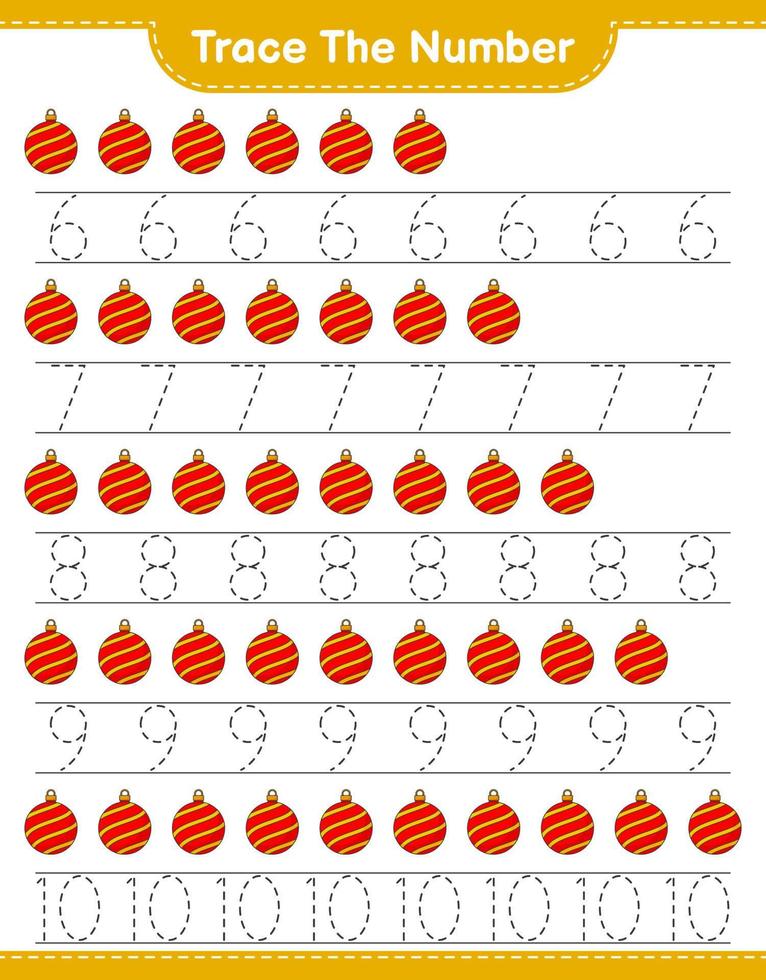 Trace the number. Tracing number with Christmas Ball. Educational children game, printable worksheet, vector illustration