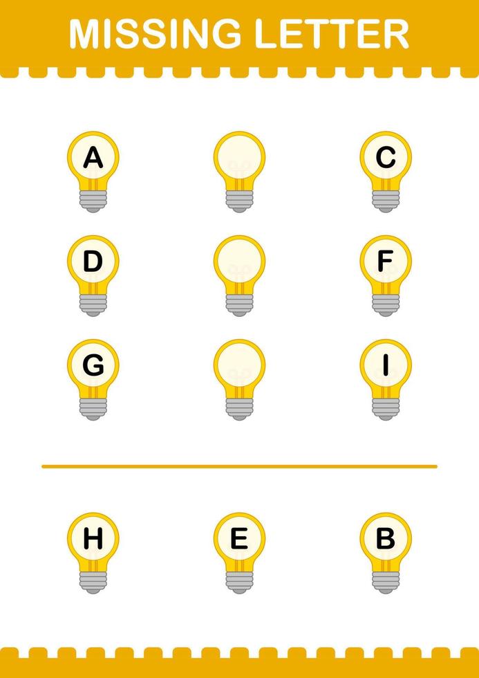 Missing letter with Bulb. Worksheet for kids vector