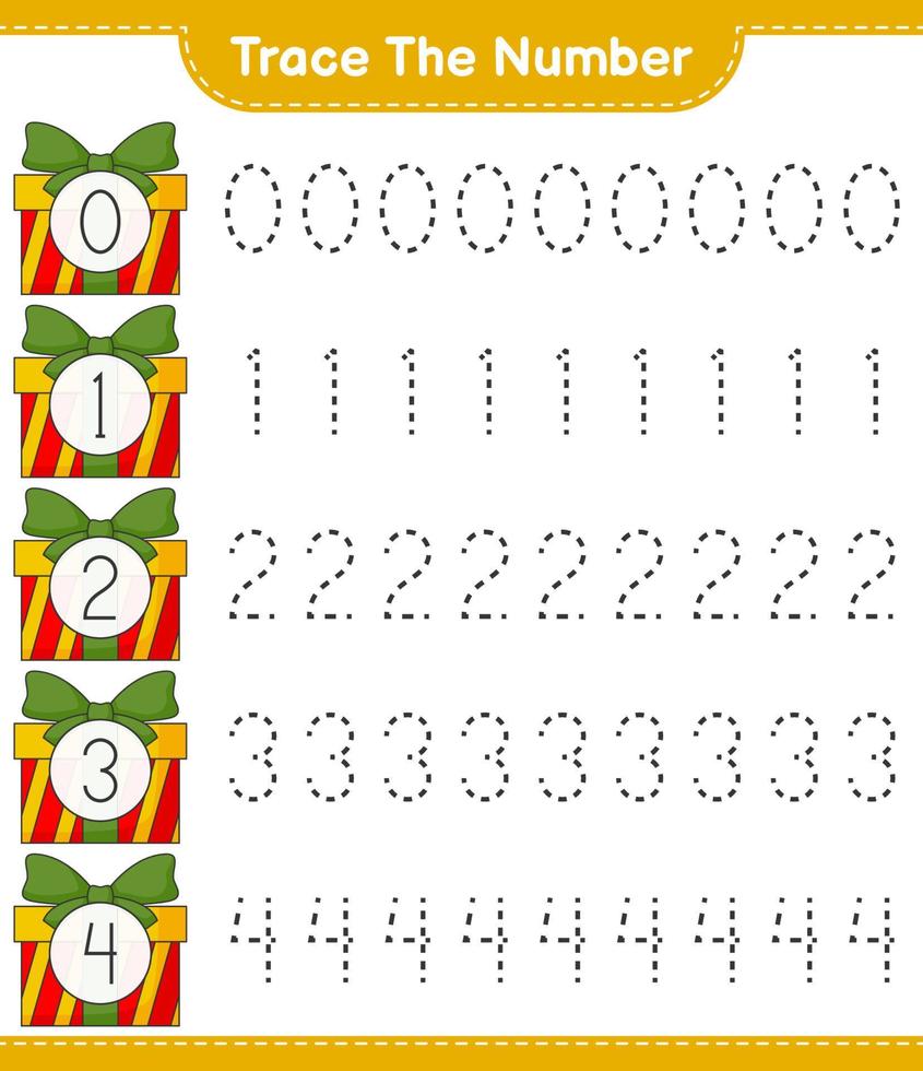 Trace the number. Tracing number with Gift Box. Educational children game, printable worksheet, vector illustration