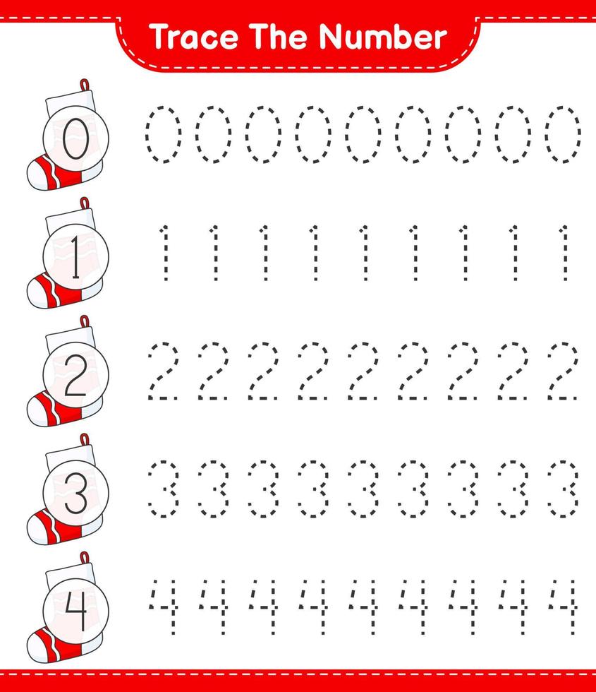 Trace the number. Tracing number with Christmas Sock. Educational children game, printable worksheet, vector illustration